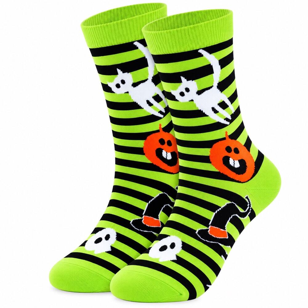 Halloween Lime Green Black Striped Ghost Cat Pumpkin Crew Socks NWOT